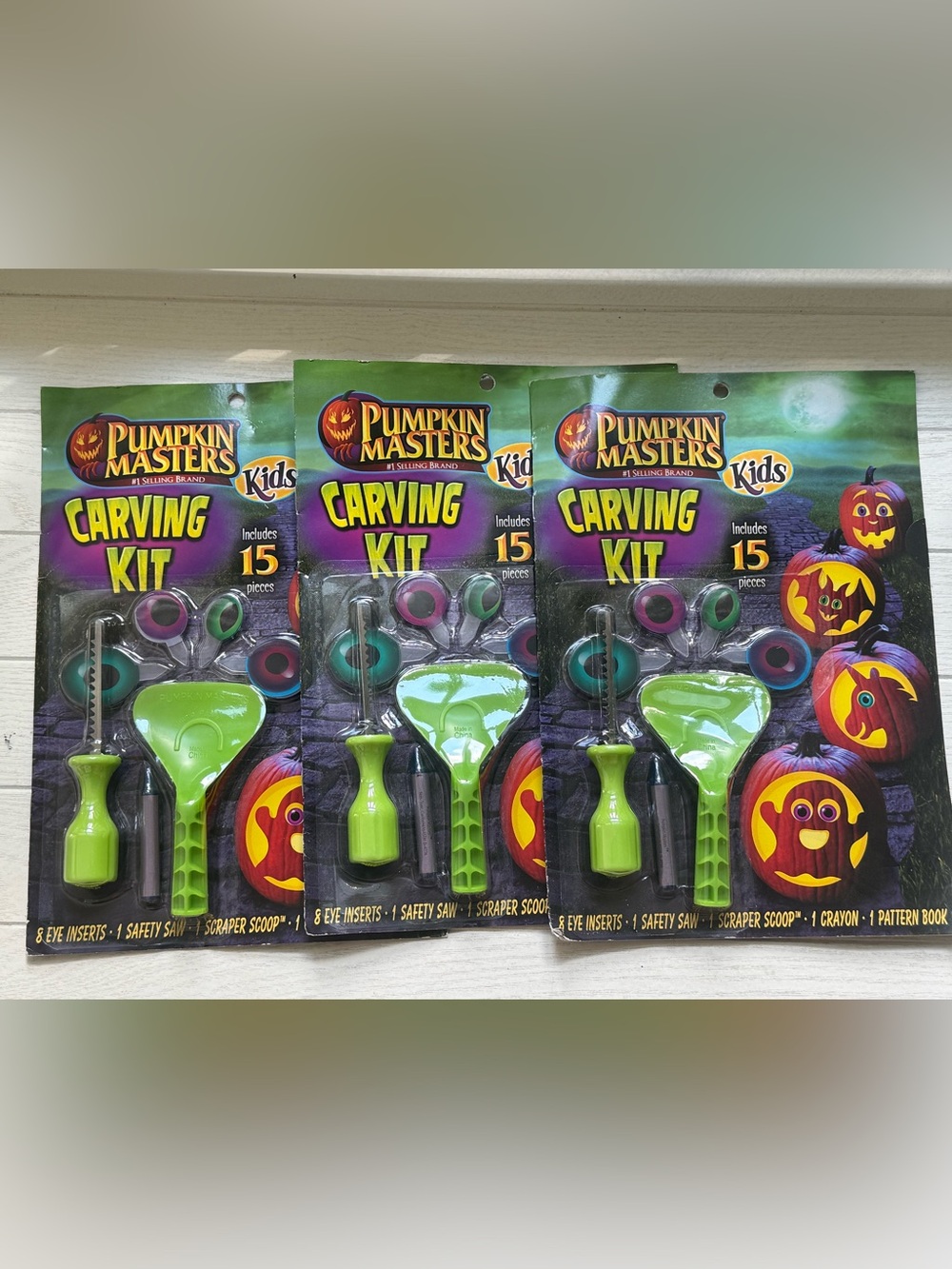 3 Halloween Pumpkin Masters Kids Carving Kit With Spooky Eyes! 8 Eye Inserts